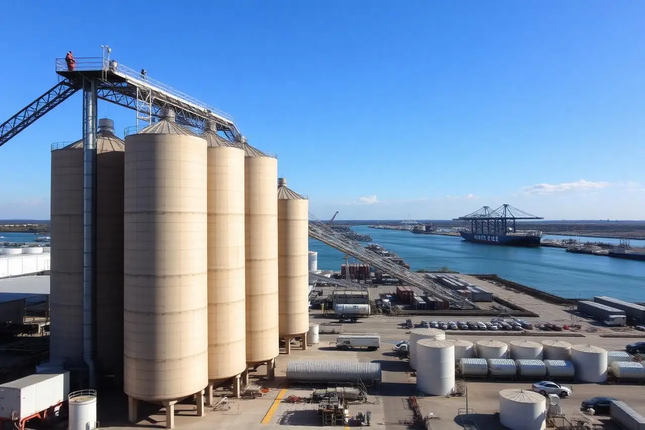 Bulk storage and port-adjacent transloading for agricultural import and export